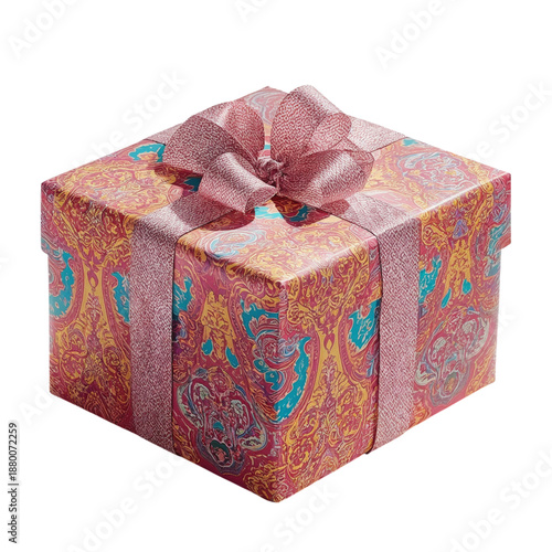 Gift Wrapped Box With Colorful Design and Bow Placed on a Flat Surface Indoors