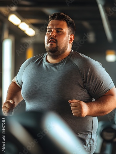 Determined man jogs indoors, pursuing fitness on treadmill in a gym with focused energy.
