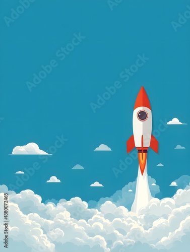 Cartoon rocket ship blasting off into a blue sky with clouds. Space exploration and innovation.