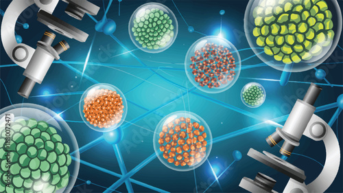 microscopes examining molecular structures in laboratory setting with various cells and particles