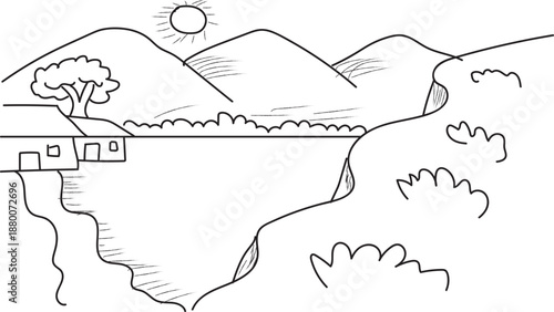 Mountainous landscape with small house