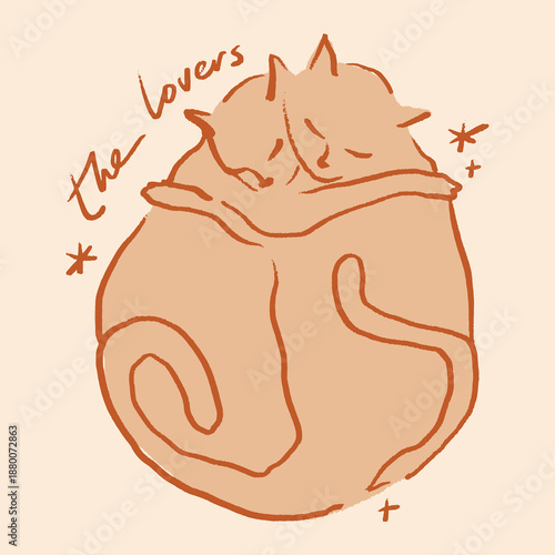 The Lovers modern abstract funky groovy doodle boho cats animals sixth major arcana picture. Eternal feline love sacred concept. Mystical esoteric adorable hand-drawn whimsical childish style interior