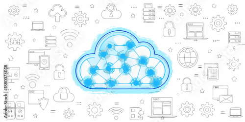 Cloud computing illustration featuring network connections data storage and security icons