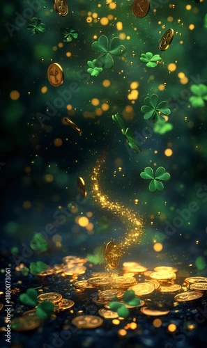 Gold coins raining down with scattered shamrocks on the ground. A magical golden light path illuminates the scene