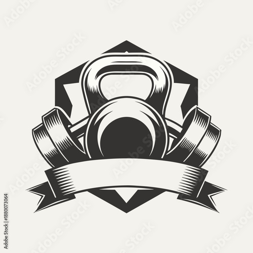 Vintage style kettlebell emblem with ribbon banner and hexagonal frame