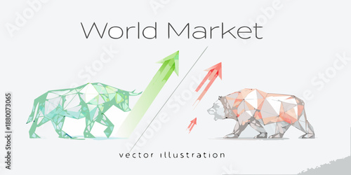 Geometric bull and bear representing world market trends and financial investment