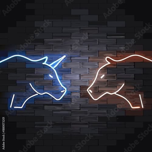 neon bull and bear confrontation on brick wall background