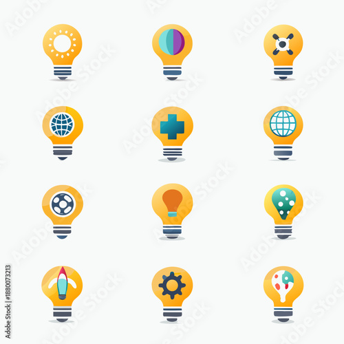 Colorful light bulb icons depicting various concepts and creative ideas