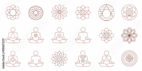 Collection of geometric patterns lotus flowers and meditating people line icons
