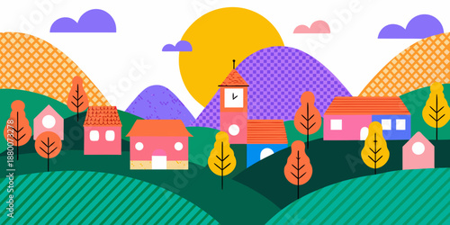 Colorful illustration of a whimsical village scene with houses hills and sun