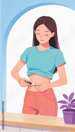 A flat vector illustration of a young insulin-dependent woman holding an insulin pen to her stomach.