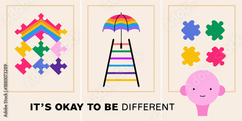Colorful puzzle pieces umbrella and head with message it s okay to be different