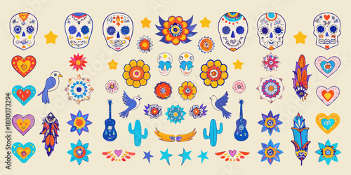 Colorful day of the dead themed illustrations with flowers skulls and musical instruments