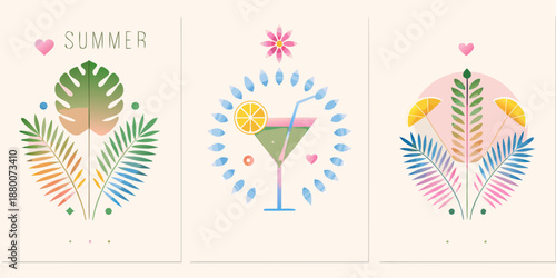 Tropical summer illustrations featuring leaves drinks and heart motifs in pastel shades