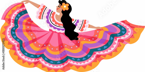 A vibrant illustration of a woman in a traditional mexican folk dress