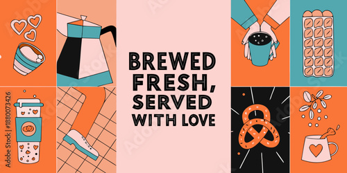 Coffee and treats illustration with hearts pretzels and a cozy aesthetic