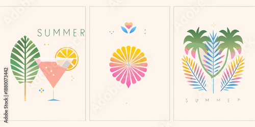 Tropical summer illustrations with palm leaves cocktails and vibrant floral designs