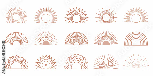 Collection of abstract sun and rainbow line art illustrations in warm tones