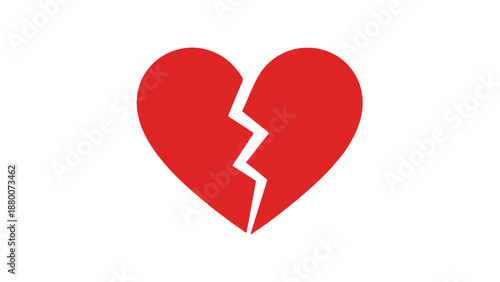 A broken red heart illustration on a plain background from a straightforward viewpoint, symbolizing heartbreak and sorrow.