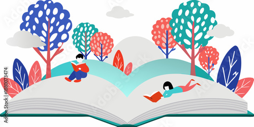 A person reading on an open book with trees and another reader
