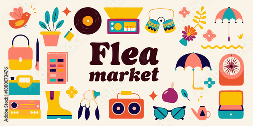 A colorful collection of vintage flea market items and decorative elements