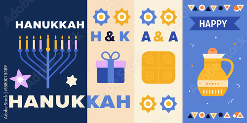 A colorful hanukkah illustration with menorahs gifts and celebratory designs