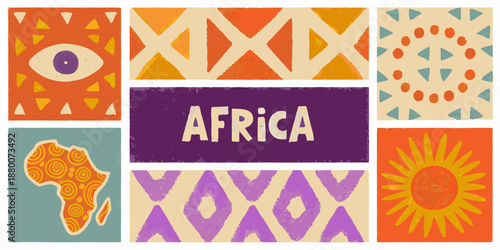 Colorful african patterns and continent map with bold text illustration