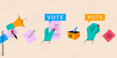 Illustration showing hands interacting with voting symbols like ballots and boxes