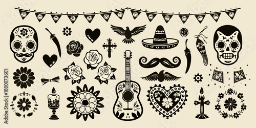 Day of the dead decorative elements skulls flowers guitar and festive banners