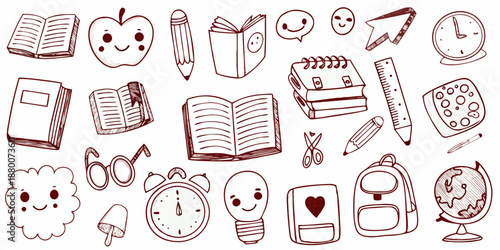 Sketch school supplies and learning elements books pencils apples and more