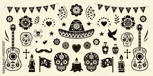 A decorative collection of day of the dead symbols in black and white