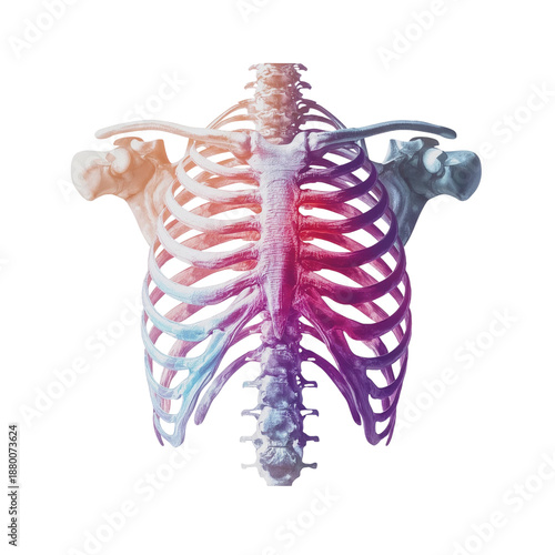Detailed View of Human Rib Cage Model With Colorful Highlights Showing Bone S...
