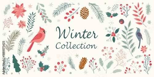 A festive winter collection featuring floral elements birds and pinecones