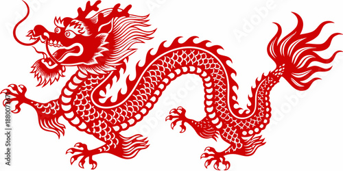 A vibrant red chinese dragon illustration with intricate details and flowing mane
