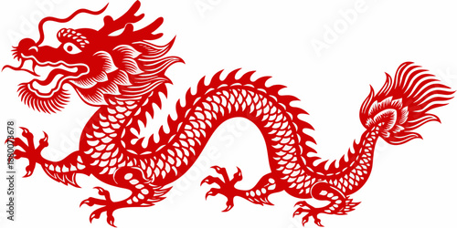 A vibrant red traditional chinese dragon illustration with intricate detailing