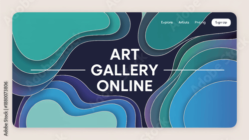 Online art gallery website homepage with colorful abstract background