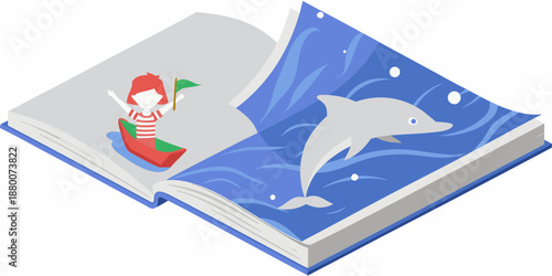 An open book reveals a vibrant scene of a dolphin and a sailor