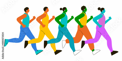 Diverse group of people running together in a colorful stylized illustration