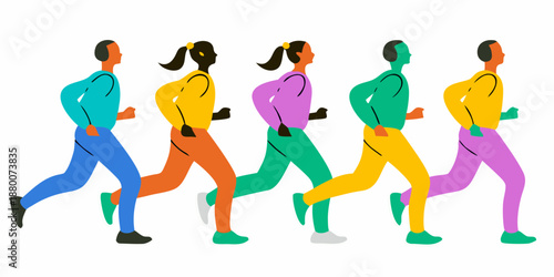 a group of people running in a line with colorful clothes on