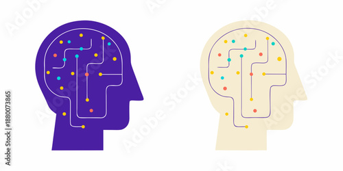 two human head silhouettes with maze and colorful dots inside