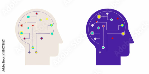 two human head silhouettes with circuit board and colorful dots inside