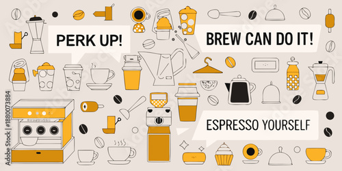 coffee themed illustrations with various brewing methods and equipment