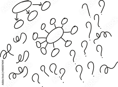 Hand-drawn Brainstorming Concept: Flowchart, Mind Map, and Question Marks Illustration

