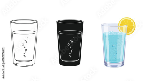 Set of three glasses with sparkling water or soda outline, silhouette and colored drink with lemon slice