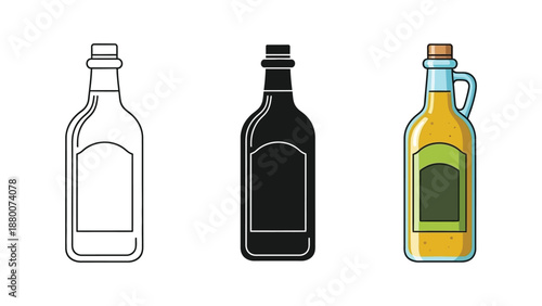 Set of three olive oil bottles outline, silhouette and colored illustration with handle