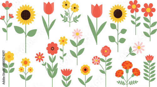 Cute spring flower icon set with tulips, sunflowers and floral elements, colorful nature flat vector illustration
