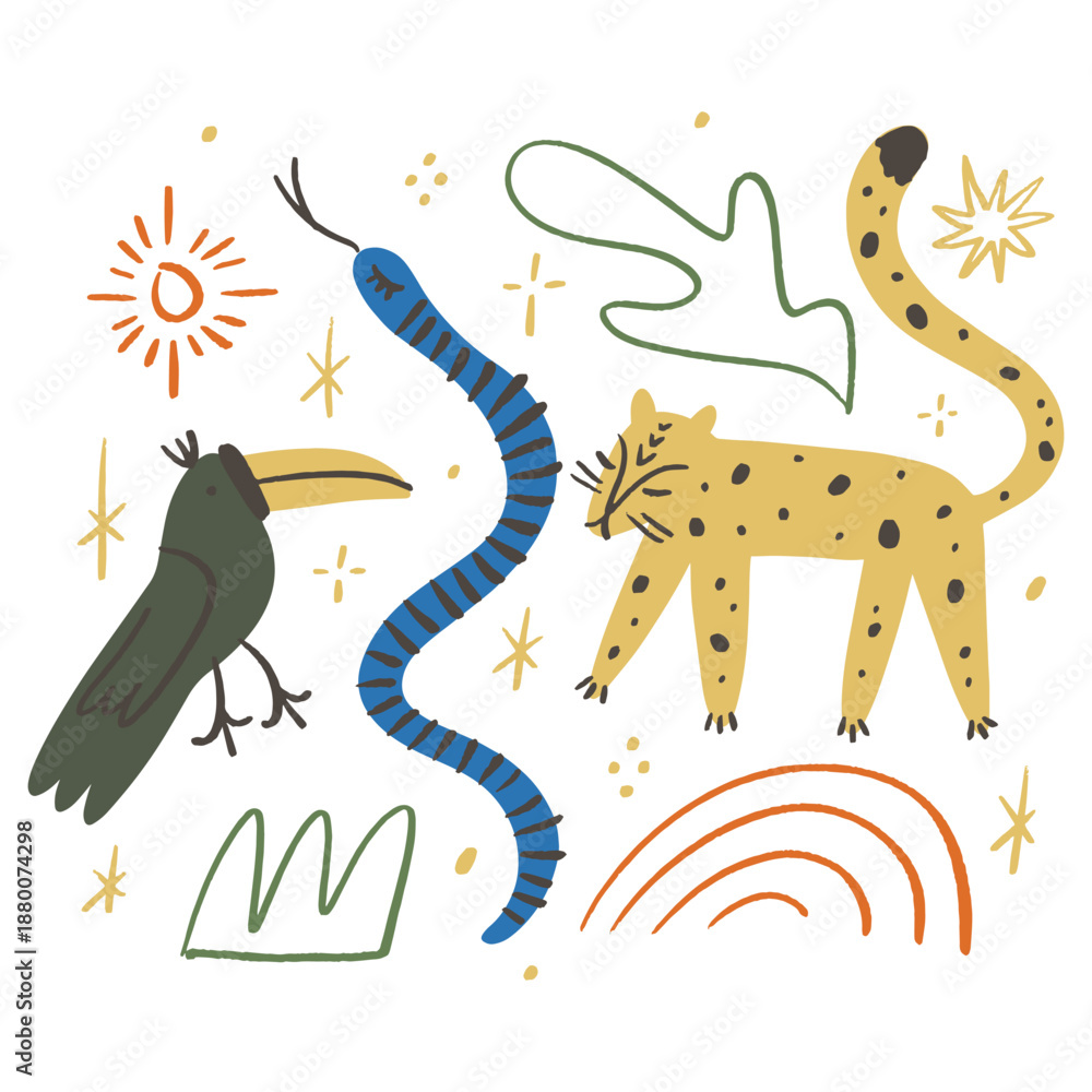 Fototapeta premium Cute African tropical elements animals set isolated on background for kids content. Hand drawn silhouettes colorful collage. Flat cartoon character leopard animal, toucan and snake. Inhabitant jungle