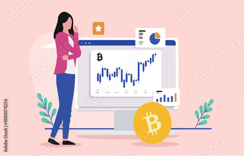 Woman Bitcoin investor - Female person analysing and looking at crypto currency chart. Flat design vector illustration