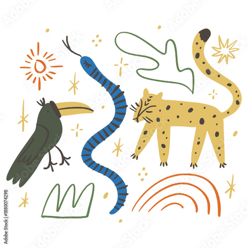 Cute African tropical elements animals set isolated on background for kids content. Hand drawn silhouettes colorful collage. Flat cartoon character leopard animal, toucan and snake. Inhabitant jungle