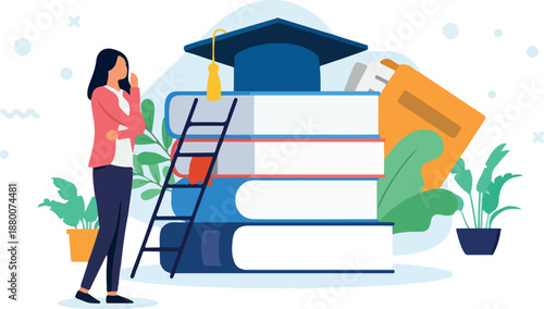 Taking higher education - Woman student thinking and wondering on front of school and educational stack of books with ladder and graduation cap. Flat design vector illustration with white background